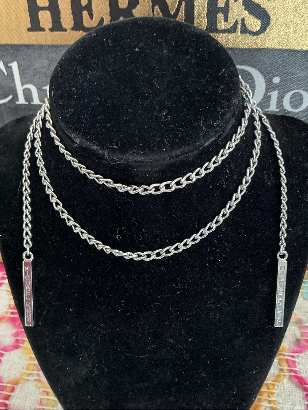 Michael Kors Silver-Tone lariat Chain Necklace with Bar Tags